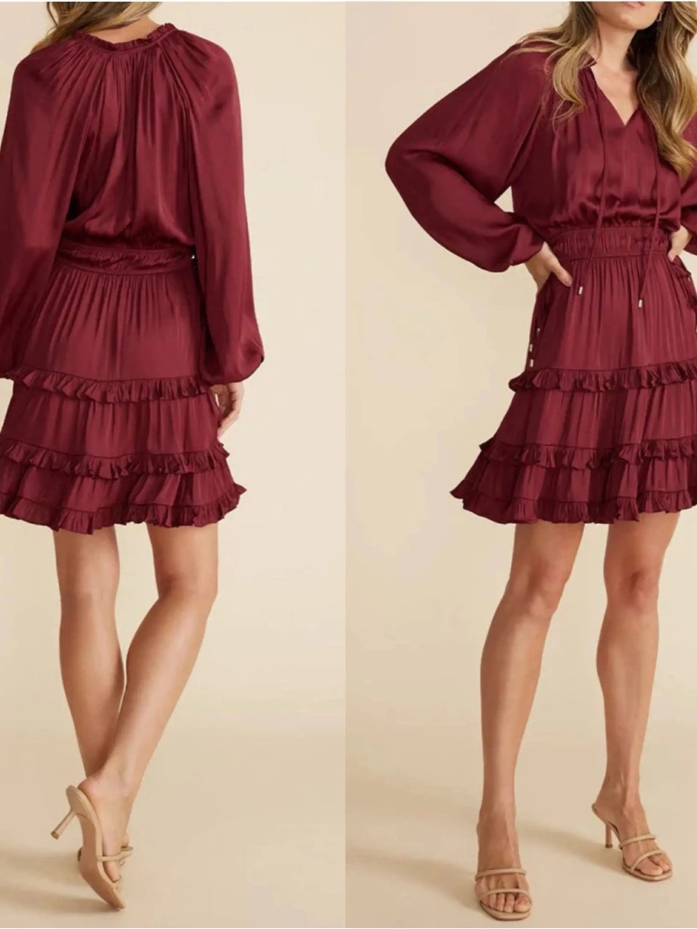 Elan Wine Satin Ruffle Mini Dress